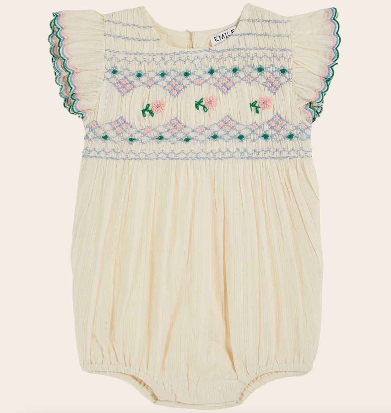 Emile Et Ida Ecru Hand-Smocked Embroidered Romper