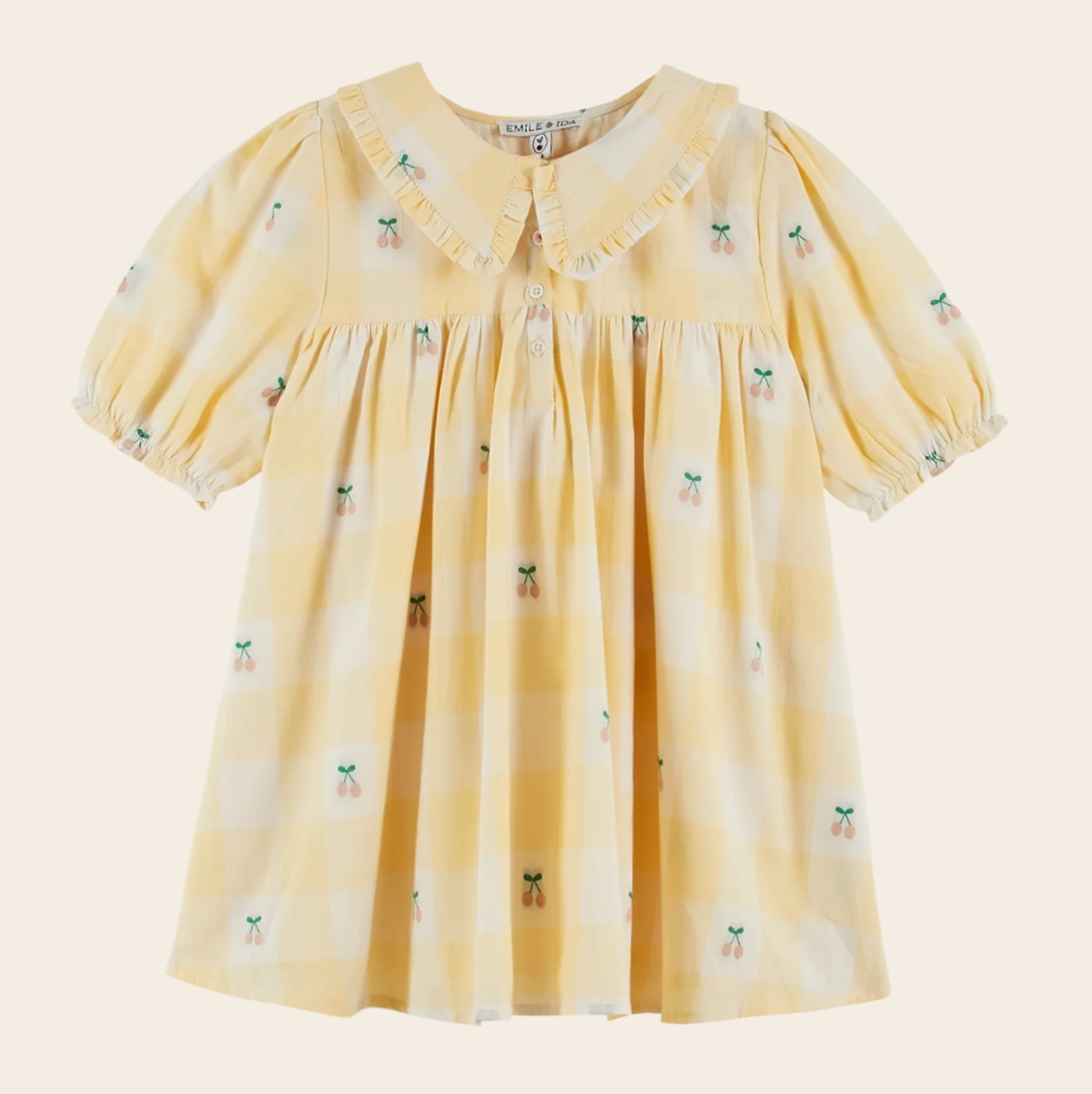 Emile Et Ida Loose Fitting Yellow Gingham Cherry Dress