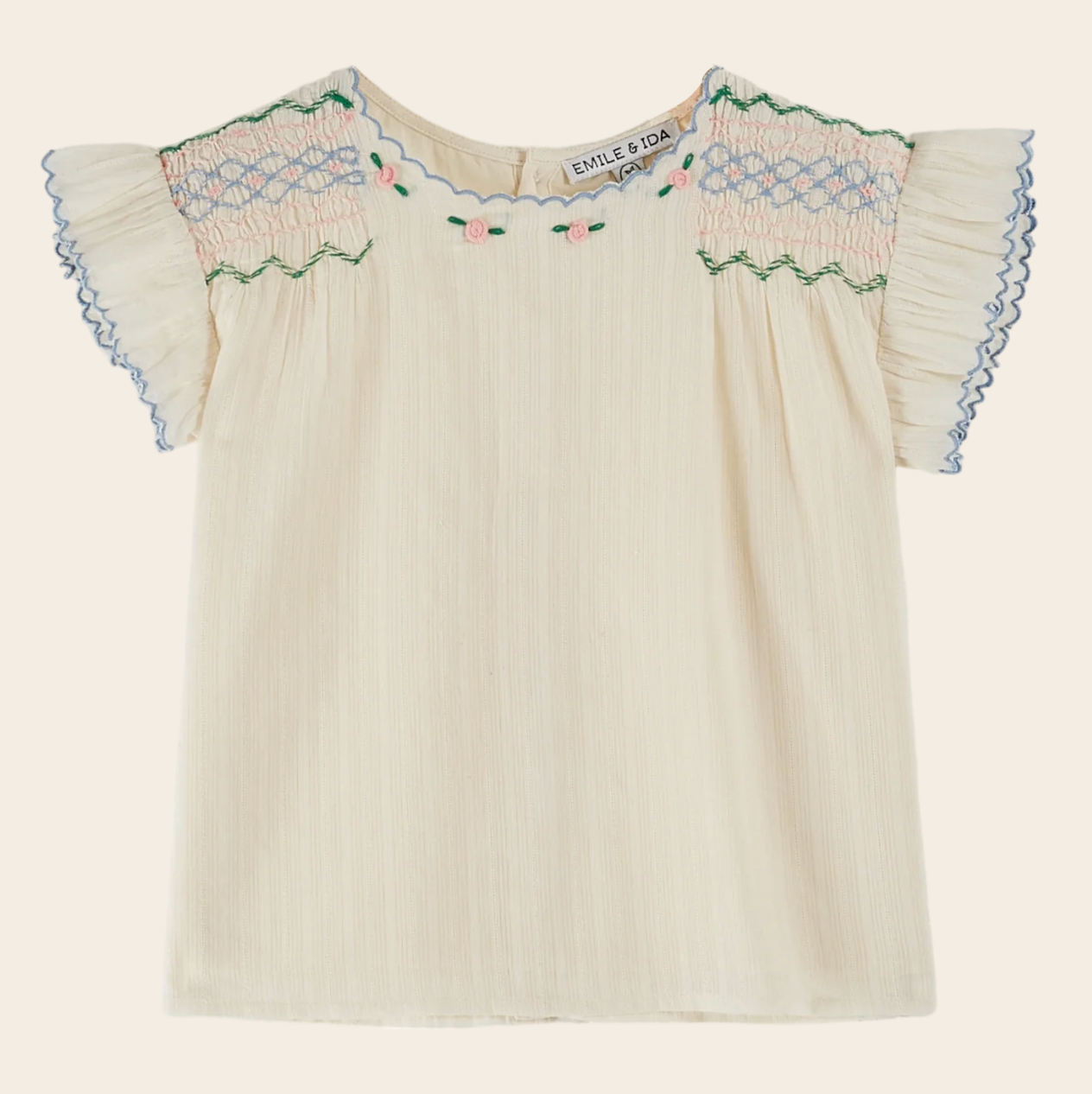 Emile Et Ida Ecru Hand-Smocked Embroidered Blouse