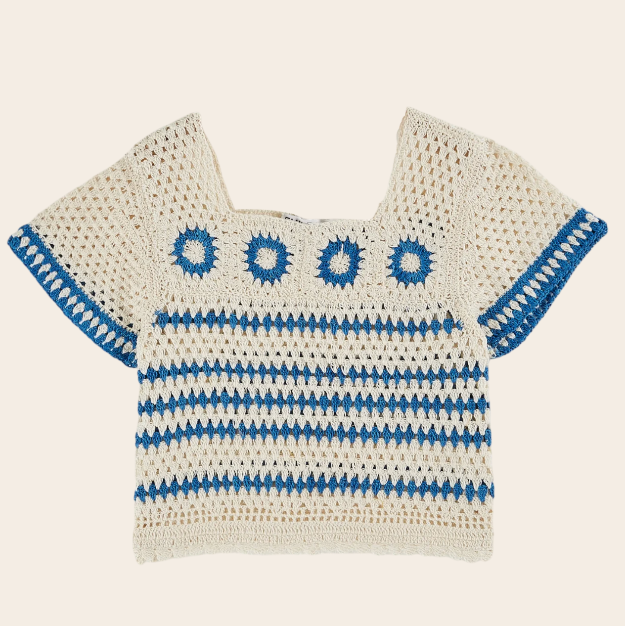 Emile Et Ida Ecru and Blue Crochet Top