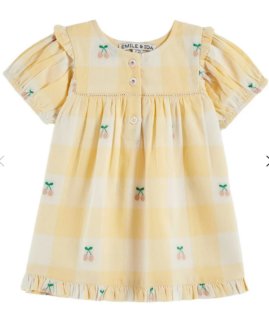 Emile Et Ida Loose Fitting Yellow Gingham Cherry Dress