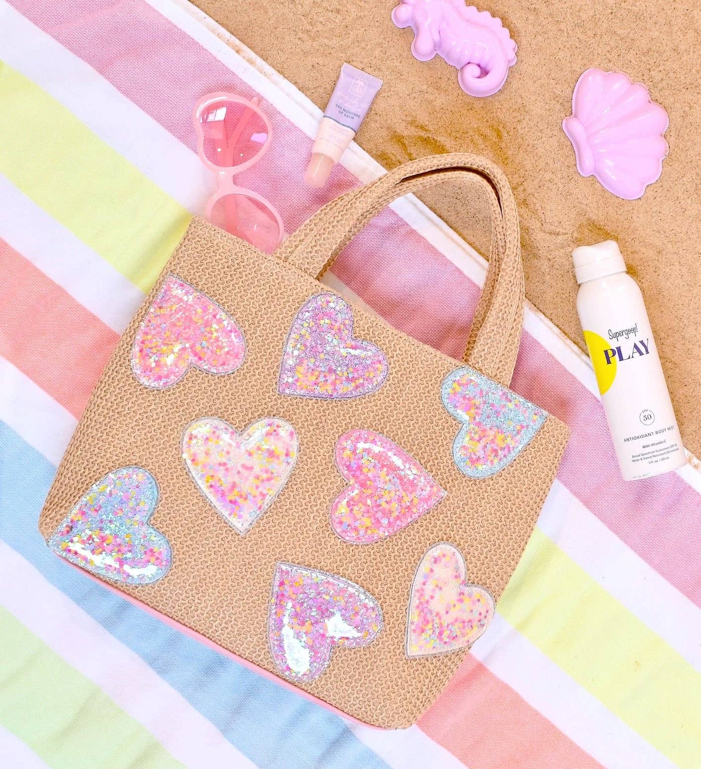 Confetti Hearts Straw Mini Tote Bag